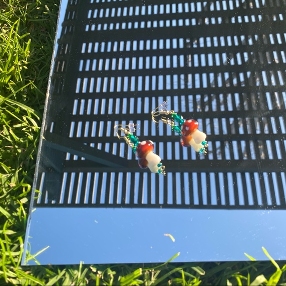 🍄handcrafted blue & brown mushroom earrings🍄 - Picture 3 of 3